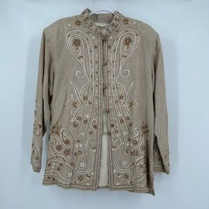 Coldwater Creek Womens Linen Embroidered Jacket Sz L Boho Artisanal Cottage Noir